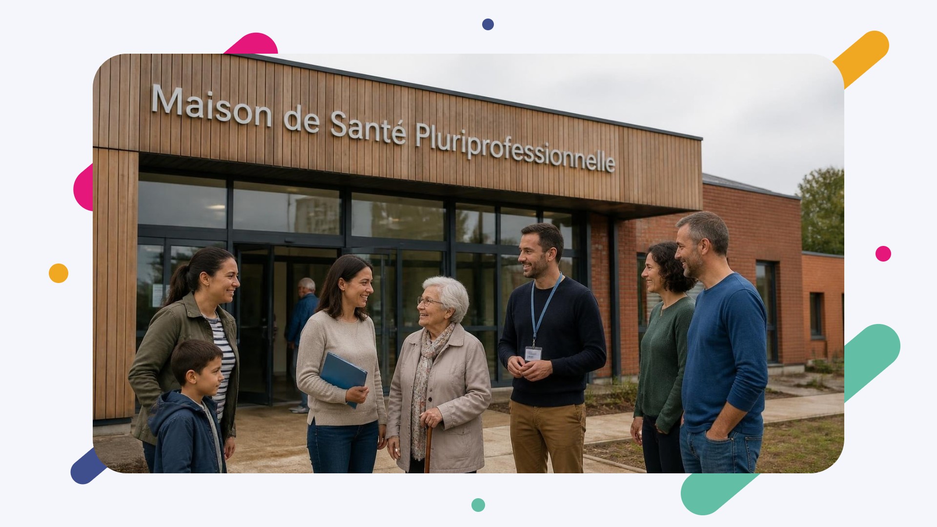 Une équipe pluriprofessionnelle échange avec des patients devant une maison de santé (image d’illustration)