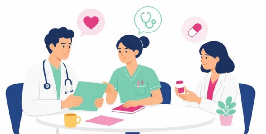 Équipe de soins primaires : médecin, infirmière et pharmacienne échangent autour d'un patient